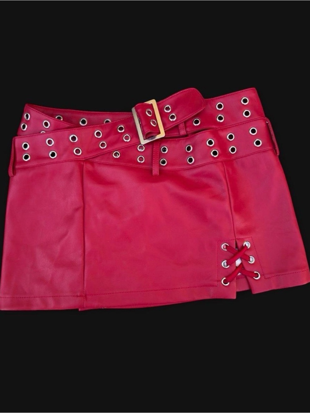 Fashion Nova Red Faux-Leather Mini Skirt with Grommet Belt